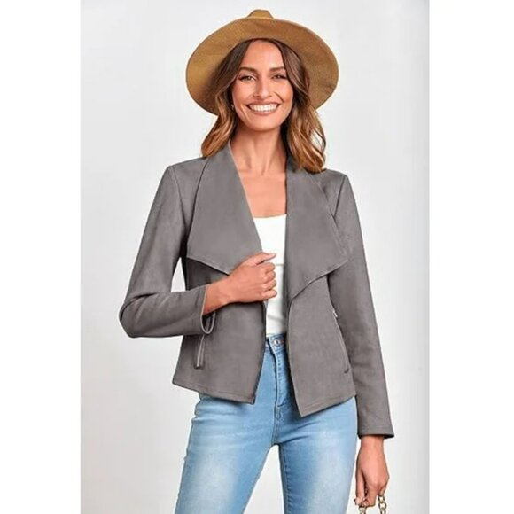 Pretty Garden Gray Faux Suede Open Front Jacket M - Picture 3 of 10